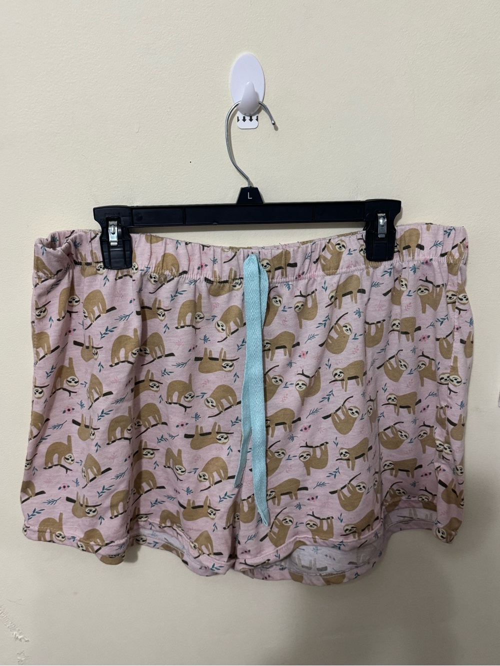 Bobbie Brooks Pink Sloth Print Lounge Shorts with Light Blue Drawstring